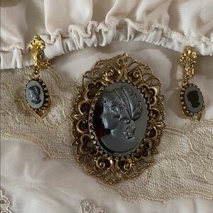 Vintage Black Cameo Mourning Brooch/ Earrings